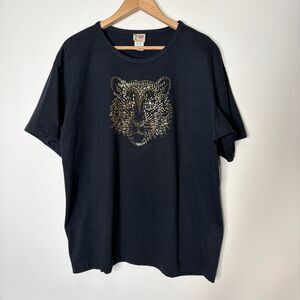 Vintage Cactus T-Shirt Crewneck Rhinestones Leopard Cat Face Short Sleeve Large